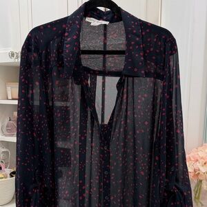 Sheer Black Button-Up Blouse with Red Geo Print